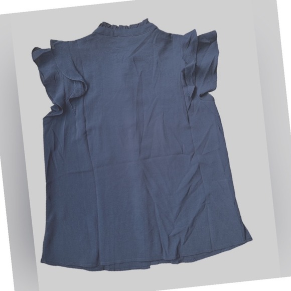 CeCe Womens Medium Navy Button Down Pintuck Ruffle Sleeve Blouse NWT - Picture 2 of 5